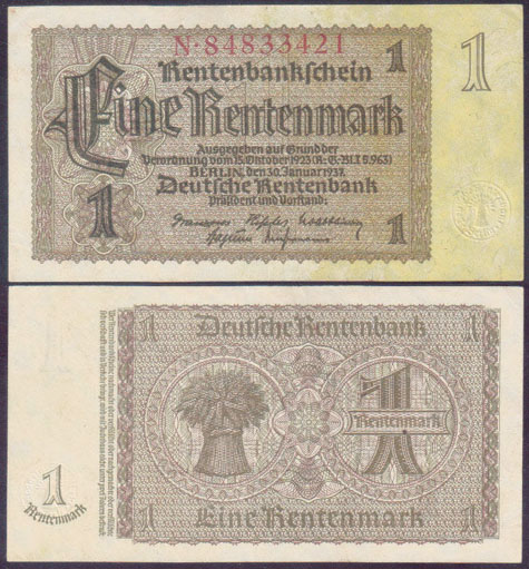 1937 Germany 1 Rentenmark (Large 8 digits) L001872